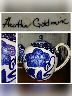 Blue Floral Ceramic Teapot W/ Gold Accents-